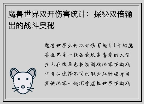 魔兽世界双开伤害统计：探秘双倍输出的战斗奥秘