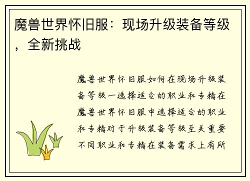 魔兽世界怀旧服：现场升级装备等级，全新挑战